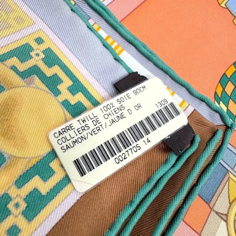 HERMES Carre 90 Silk Colliers de Chiens Scarf NEW Salmon/Vert/Jaune d'Or Collar